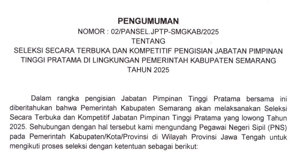 SELEKSI TERBUKA JABATAN PIMPINAN TINGGI PRATAMA DI LINGKUNGAN PEMERINTAH KABUPATEN SEMARANG TAHUN 2025
