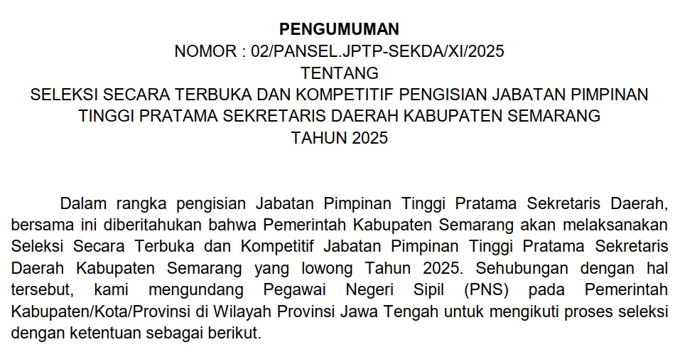SELEKSI TERBUKA JPT PRATAMA SEKRETARIS DAERAH KABUPATEN SEMARANG TAHUN 2025